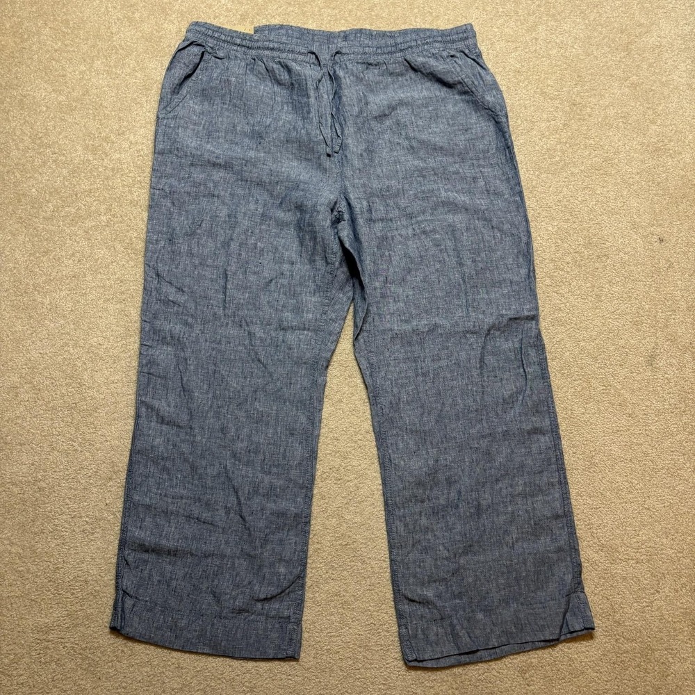LL Bean Premium Linen Pants Womens 22W Blue Chambray Straight Leg Drawstring